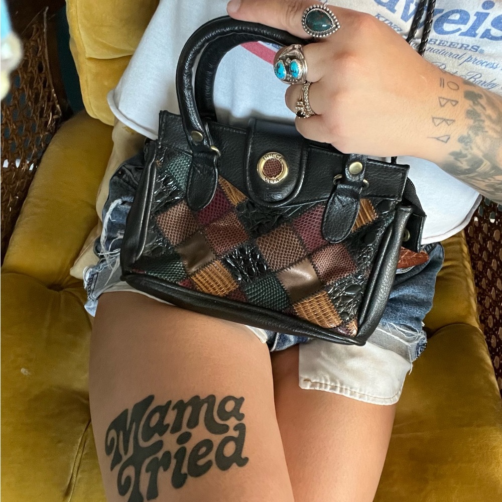 Vtg Mini Leather Patchwork Handbag - image 5